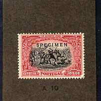 Portugal 1926 First Anniversary 10E Printers' sample in black & carmine overprinted SPECIMEN mounted on small card and endorsed A10, as SG691
