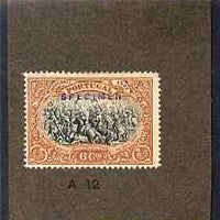 Portugal 1927 Second Anniversary 6c Printers' sample in black & chestnut overprinted SPECIMEN mounted on small card and endorsed A12, as SG730