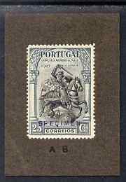 Portugal 1927 Second Anniversary 25c Printers' sample in black & slate overprinted SPECIMEN mounted on small card and endorsed A8 as SG733