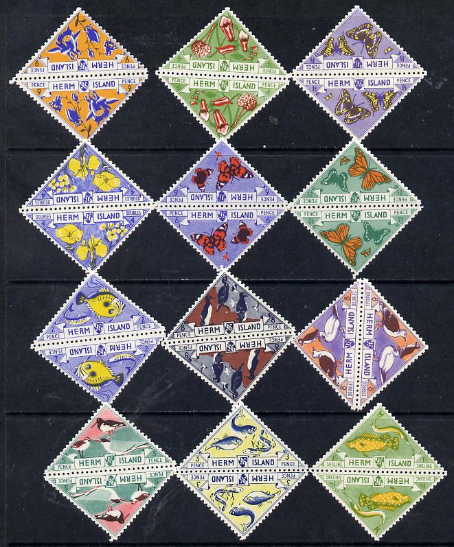 Herm Island 1954 Flora & Fauna (Butterflies, Fish, Flowers & Birds) complete Triangular set of 12 values each in tete-beche pairs unmounted mint (24 stamps)