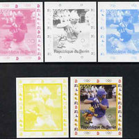 Benin 2007 Baseball #02 deluxe sheet with Olympic Rings & Disney Character, the set of 5 imperf progressive proofs comprising the 4 individual colours plus all 4-colour composite, unmounted mint