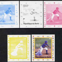 Benin 2007 Baseball #05 deluxe sheet with Olympic Rings & Disney Character, the set of 5 imperf progressive proofs comprising the 4 individual colours plus all 4-colour composite, unmounted mint