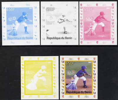 Benin 2007 Baseball #05 deluxe sheet with Olympic Rings & Disney Character, the set of 5 imperf progressive proofs comprising the 4 individual colours plus all 4-colour composite, unmounted mint