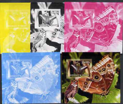 Djibouti 2006 Owl & Butterfly #2 m/sheet, the set of 5 imperf progressive proofs comprising the 4 individual colours plus all 4-colour composite, unmounted mint