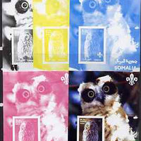 Somalia 2002 Owls #2 s/sheet with Scouts Logo, the set of 5 imperf progressive proofs comprising the 4 individual colours plus all 4-colour composite, unmounted mint