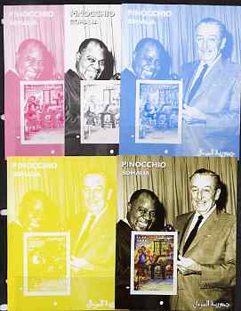 Somalia 2001 Pinocchio & Walt Disney #8 s/sheet with Louis Armstrong, the set of 5 imperf progressive proofs comprising the 4 individual colours plus all 4-colour composite, unmounted mint