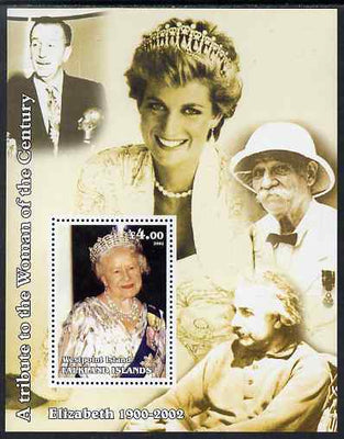 Westpoint Island (Falkland Islands) 2002 A Tribute to the Woman of the Century #1 Queen Mother perf souvenir sheet unmounted mint (Also shows Diana, Einstein, Walt Disney & Akbert Schweitzer). Note this item is privately produced ……Details Below