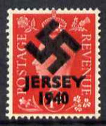 Jersey 1940 Swastika opt on Great Britain KG6 1d scarlet - a copy of the overprint on a genuine stamp with forgery handstamped on the back, unmounted mint in presentation folder.,Note this value was not overprinted by the Germans ……Details Below