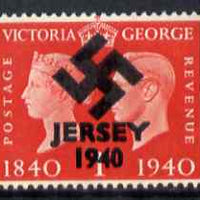 Jersey 1940 Swastika opt on Great Britain KG6 Centenary 1d - a copy of the overprint on a genuine stamp with forgery handstamped on the back, unmounted mint on presentation card.,Note this value was not overprinted by the Germans ……Details Below