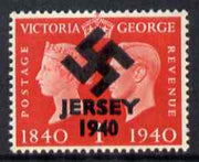 Jersey 1940 Swastika opt on Great Britain KG6 Centenary 1d - a copy of the overprint on a genuine stamp with forgery handstamped on the back, unmounted mint on presentation card.,Note this value was not overprinted by the Germans ……Details Below