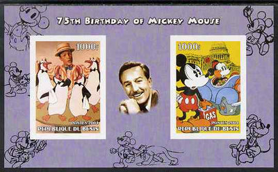 Benin 2004 75th Birthday of Mickey Mouse - Penguins from Mary Poppins & Mickey in Oil Crisis imperf sheetlet containing 2 values plus label, unmounted mint