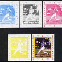 Benin 2007 Baseball #07 deluxe sheet with Olympic Rings & Disney Character, the set of 5 imperf progressive proofs comprising the 4 individual colours plus all 4-colour composite, unmounted mint