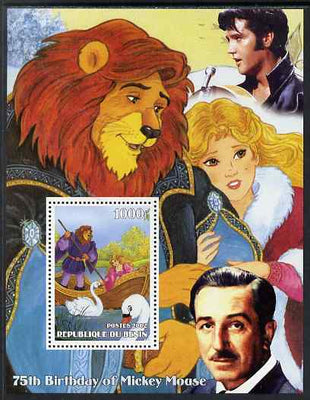 Benin 2002 75th Birthday of Mickey Mouse - Beauty & The Beast #1 (also shows Elvis & Walt Disney) perf m/sheet unmounted mint