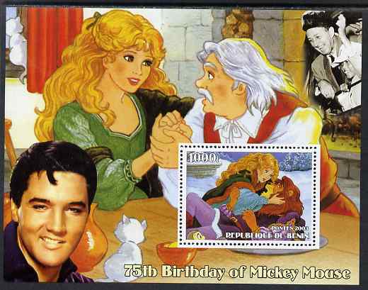 Benin 2003 75th Birthday of Mickey Mouse - Beauty & The Beast #2 (also shows Elvis & Walt Disney) perf m/sheet unmounted mint