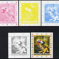 Benin 2007 Cycling #1 - individual deluxe sheet with Olympic Rings & Disney Character - the set of 5 imperf progressive proofs comprising the 4 individual colours plus all 4-colour composite, unmounted mint