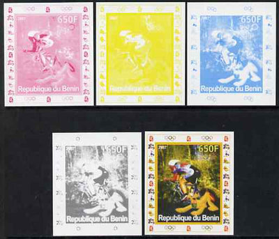 Benin 2007 Cycling #1 - individual deluxe sheet with Olympic Rings & Disney Character - the set of 5 imperf progressive proofs comprising the 4 individual colours plus all 4-colour composite, unmounted mint