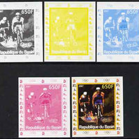 Benin 2007 Cycling #2 - individual deluxe sheet with Olympic Rings & Disney Character - the set of 5 imperf progressive proofs comprising the 4 individual colours plus all 4-colour composite, unmounted mint