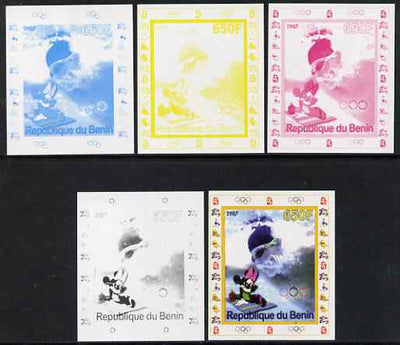 Benin 2007 Swimming #1 - individual deluxe sheet with Olympic Rings & Disney Character - the set of 5 imperf progressive proofs comprising the 4 individual colours plus all 4-colour composite, unmounted mint