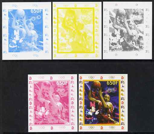 Benin 2007 Basketball - individual deluxe sheet with Olympic Rings & Disney Character - the set of 5 imperf progressive proofs comprising the 4 individual colours plus all 4-colour composite, unmounted mint