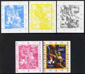 Benin 2007 Basketball - individual deluxe sheet with Olympic Rings & Disney Character - the set of 5 imperf progressive proofs comprising the 4 individual colours plus all 4-colour composite, unmounted mint