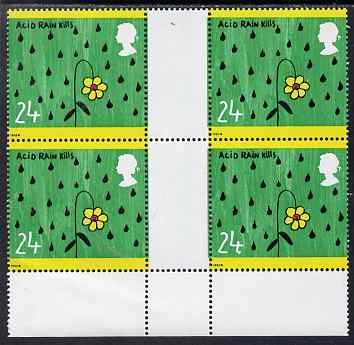Great Britain 1992 Protection of the Environment - 24p Acid Rain positional gutter block of 4, one stamp with large dot by value, unmounted mint SG1629 var