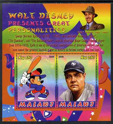 Malawi 2009 Walt Disney Presents Great Personalities - Babe Ruth perf sheetlet containing 2 values unmounted mint