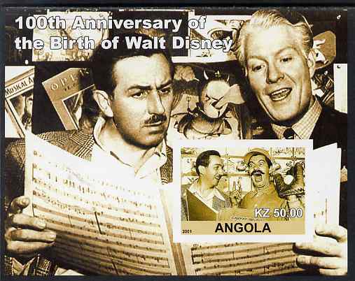 Angola 2001 Birth Centenary of Walt Disney #04 imperf s/sheet - Walt Disney & Nelson Eddie, unmounted mint. Note this item is privately produced and is offered purely on its thematic appeal