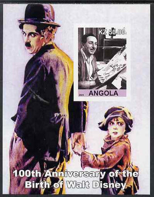 Angola 2001 Birth Centenary of Walt Disney #09 imperf s/sheet - Disney & Charlie Chaplin, unmounted mint