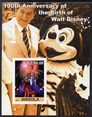 Angola 2001 Birth Centenary of Walt Disney #10 imperf s/sheet - Disneyland Fireworks & Ronald Reagan, unmounted mint. Note this item is privately produced and is offered purely on its thematic appeal