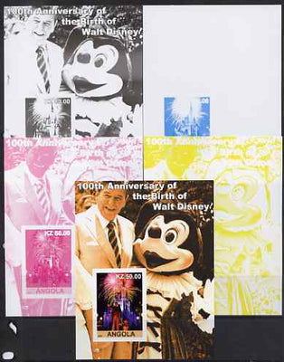 Angola 2001 Birth Centenary of Walt Disney #10 s/sheet - Disneyland Fireworks & Ronald Reagan - the set of 5 imperf progressive proofs comprising the 4 individual colours plus all 4-colour composite, unmounted mint