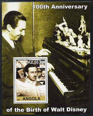 Angola 2002 Birth Centenary of Walt Disney #07 perf s/sheet - Disney reading sheet music & at the Piano, unmounted mint. Note this item is privately produced and is offered purely on its thematic appeal