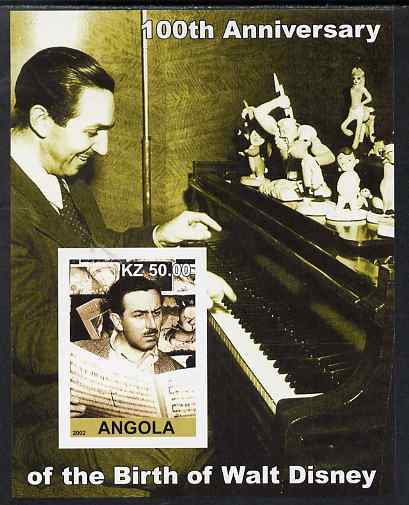Angola 2002 Birth Centenary of Walt Disney #07 imperf s/sheet - Disney reading sheet music & at the Piano, unmounted mint. Note this item is privately produced and is offered purely on its thematic appeal