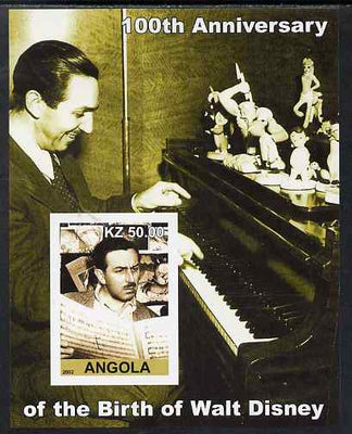 Angola 2002 Birth Centenary of Walt Disney #07 imperf s/sheet - Disney reading sheet music & at the Piano, unmounted mint. Note this item is privately produced and is offered purely on its thematic appeal