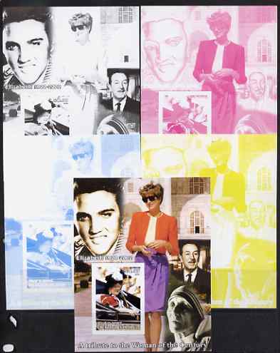 Bleaker Island (Falkland Islands) 2002 A Tribute to the Woman of the Century #2 Queen Mother souvenir sheet (Also shows Diana, Mother Teresa, Elvis & Walt Disney) - the set of 5 imperf progressive proofs comprising the 4 individua……Details Below