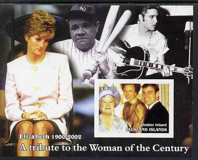 Bleaker Island (Falkland Islands) 2002 A Tribute to the Woman of the Century #3 Queen Mother imperf souvenir sheet unmounted mint (Also shows Diana, Babe Ruth & Elvis). Note this item is privately produced and is offered purely on……Details Below