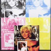 Westpoint Island (Falkland Islands) 2002 A Tribute to the Woman of the Century #3 Queen Mother souvenir sheet (Also shows Elvis, Marilyn & Louis Armstrong) - the set of 5 imperf progressive proofs comprising the 4 individual colou……Details Below