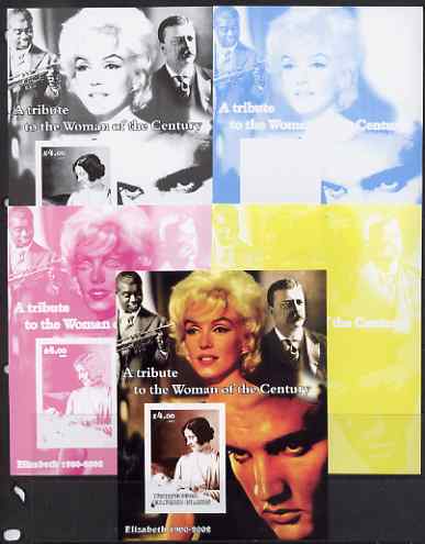 Westpoint Island (Falkland Islands) 2002 A Tribute to the Woman of the Century #3 Queen Mother souvenir sheet (Also shows Elvis, Marilyn & Louis Armstrong) - the set of 5 imperf progressive proofs comprising the 4 individual colou……Details Below
