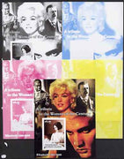 Westpoint Island (Falkland Islands) 2002 A Tribute to the Woman of the Century #3 Queen Mother souvenir sheet (Also shows Elvis, Marilyn & Louis Armstrong) - the set of 5 imperf progressive proofs comprising the 4 individual colou……Details Below