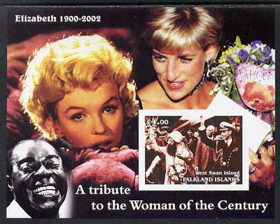 West Swan Island (Falkland Islands) 2002 A Tribute to the Woman of the Century #1 Queen Mother imperf souvenir sheet unmounted mint (Also shows Marilyn, Diana & Satchmo)
