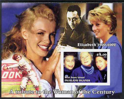 West Swan Island (Falkland Islands) 2002 A Tribute to the Woman of the Century #3 Queen Mother imperf souvenir sheet unmounted mint (Also shows Diana & Marilyn). Note this item is privately produced and is offered purely on its th……Details Below