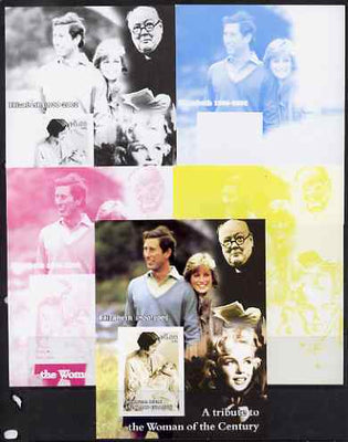 West Swan Island (Falkland Islands) 2002 A Tribute to the Woman of the Century #4 Queen Mother souvenir sheet (Also shows Charles, Diana, Churchill & Marilyn) - the set of 5 imperf progressive proofs comprising the 4 individual co……Details Below
