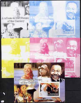 West Swan Island (Falkland Islands) 2002 A Tribute to the Woman of the Century #5 Queen Mother souvenir sheet (Also shows Martin Luther King,Gen Custer, Baseball & Marilyn) - the set of 5 imperf progressive proofs comprising the 4……Details Below