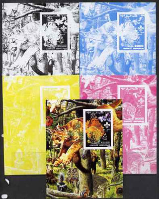 Somalia 2002 Butterflies, Orchids & Fungi #3 m/sheet with Scout Logo & various animals in background - the set of 5 imperf progressive proofs comprising the 4 individual colours plus all 4-colour composite, unmounted mint