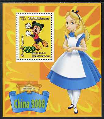 Somalia 2007 Disney - China 2008 Stamp Exhibition #09 perf m/sheet featuring Micky Mouse & Alice in Wonderland overprinted with Olympic rings in green foil, unmounted mint. Note this item is privately produced and is offered purel……Details Below