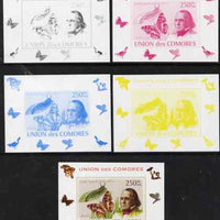 Comoro Islands 2008 Entomologists & Butterflies #3 Louis Agassiz individual deluxe sheet - the set of 5 imperf progressive proofs comprising the 4 individual colours plus all 4-colour composite, unmounted mint