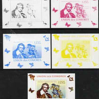 Comoro Islands 2008 Ornithologists & Birds #1 John James Audubon 125f individual deluxe sheet - the set of 5 imperf progressive proofs comprising the 4 individual colours plus all 4-colour composite, unmounted mint