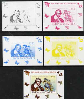 Comoro Islands 2008 Ornithologists & Birds #1 John James Audubon 125f individual deluxe sheet - the set of 5 imperf progressive proofs comprising the 4 individual colours plus all 4-colour composite, unmounted mint