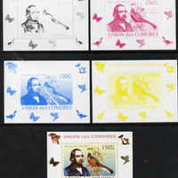 Comoro Islands 2008 Ornithologists & Birds #2 John Gould 150f,individual deluxe sheet - the set of 5 imperf progressive proofs comprising the 4 individual colours plus all 4-colour composite, unmounted mint