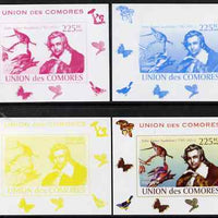 Comoro Islands 2008 Ornithologists & Birds #3 John James Audubon 225f,individual deluxe sheet - the set of 4 imperf progressive proofs comprising 3 individual colours plus all 4-colour composite, unmounted mint
