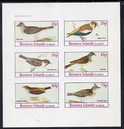 Bernera 1982 Birds #13 (Sky Lark, Pipit, Sparrow, etc) imperf set of 6 values (15p to 75p) unmounted mint